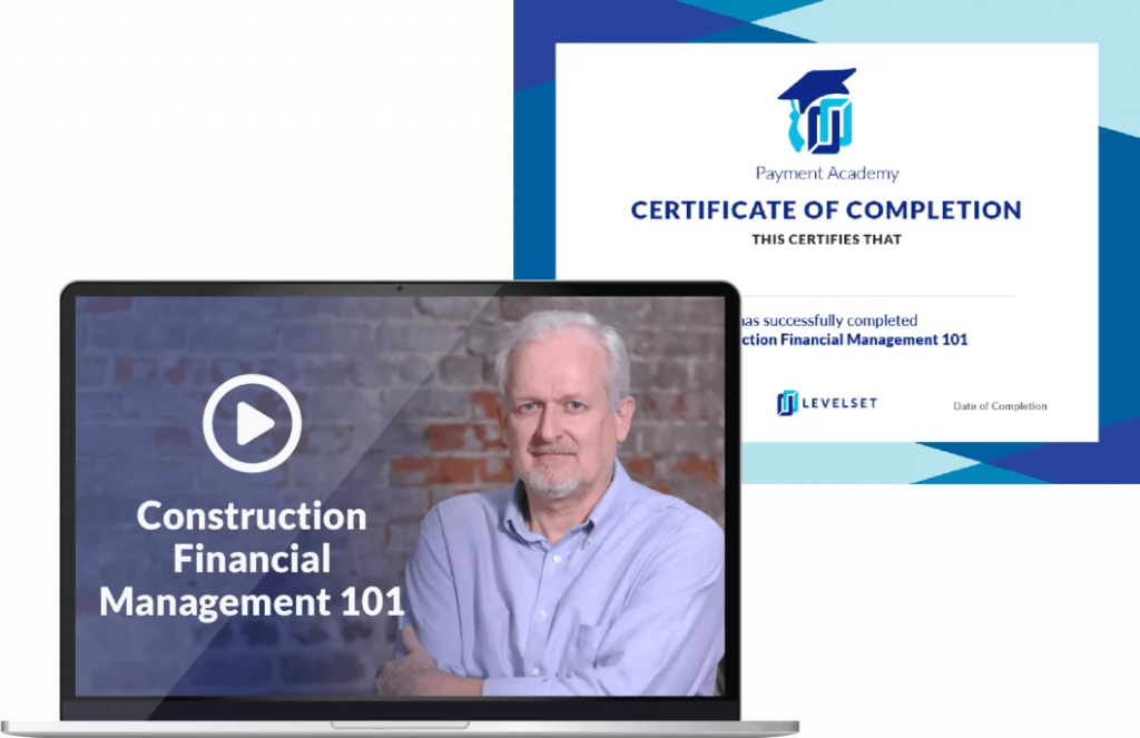 Laptop with words "Construction Financial Management 101" next to Steven J. Peterson, and certificate of completion in the background.