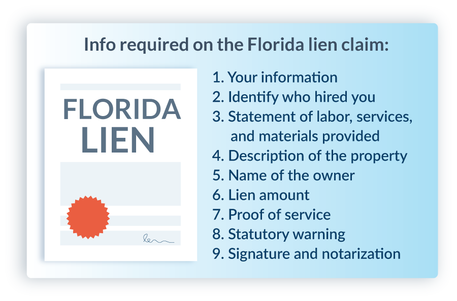 Information required on the Florida lien claim