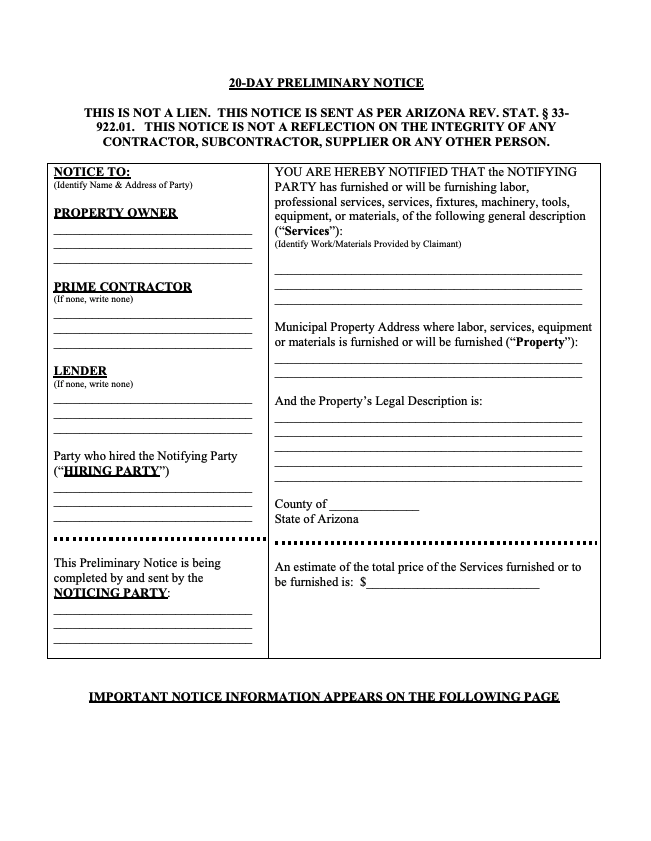 Arizona Preliminary 20-Day Notice Form preview