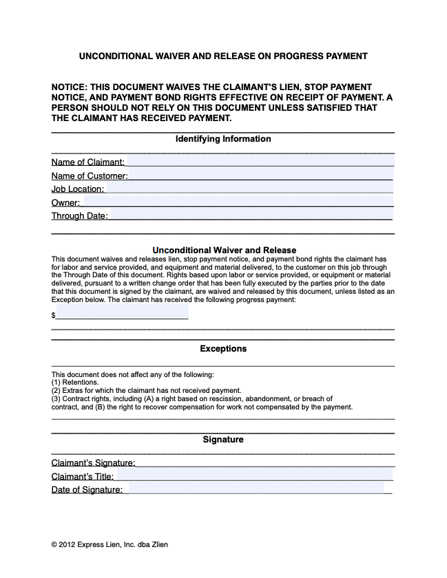 CA Unconditional Waiver and Release on Progress Payment - form preview