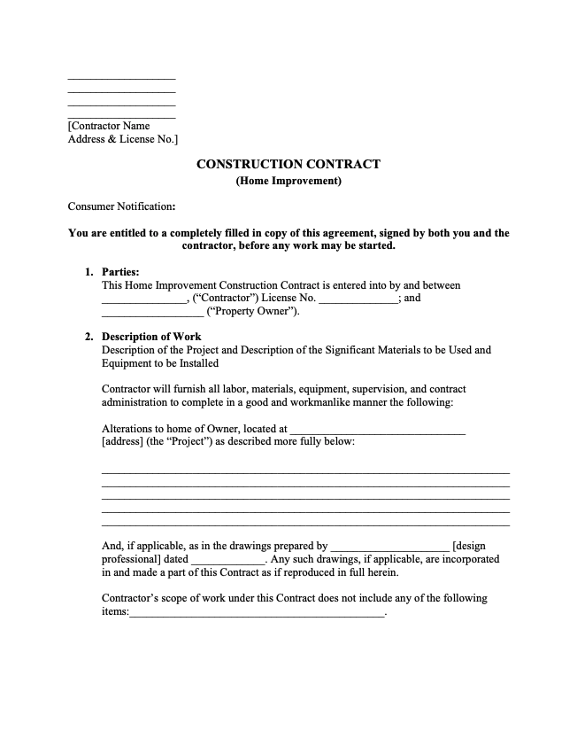California Home Improvement Contract Form Free Template