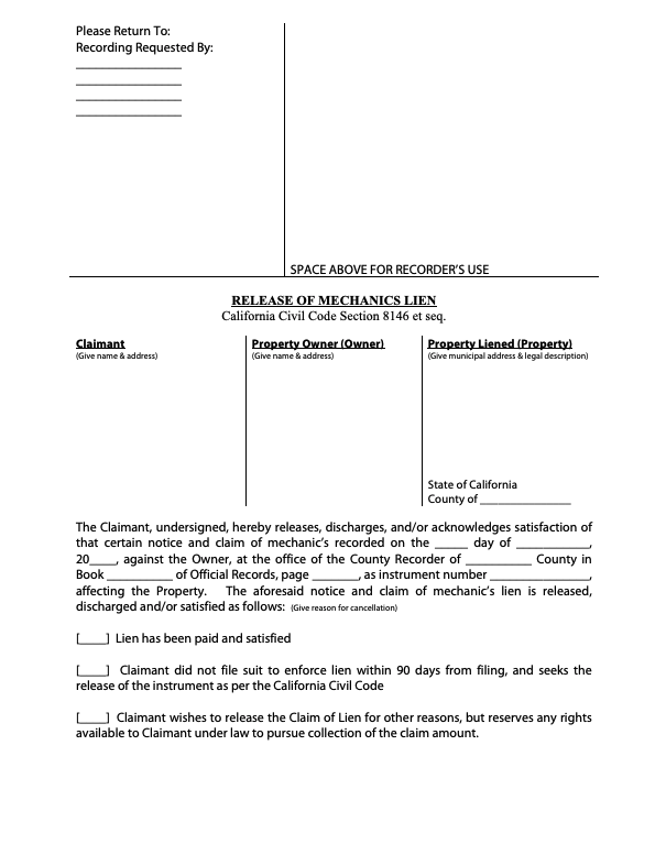 California Mechanics Lien Release form preview