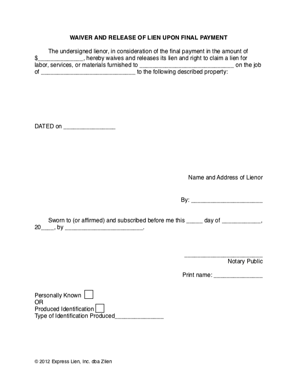 Florida Final Lien Waiver and Release form preview