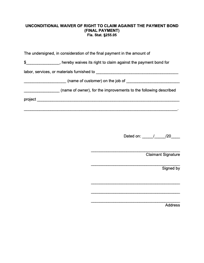 Florida Final Unconditional Bond Waiver form preview