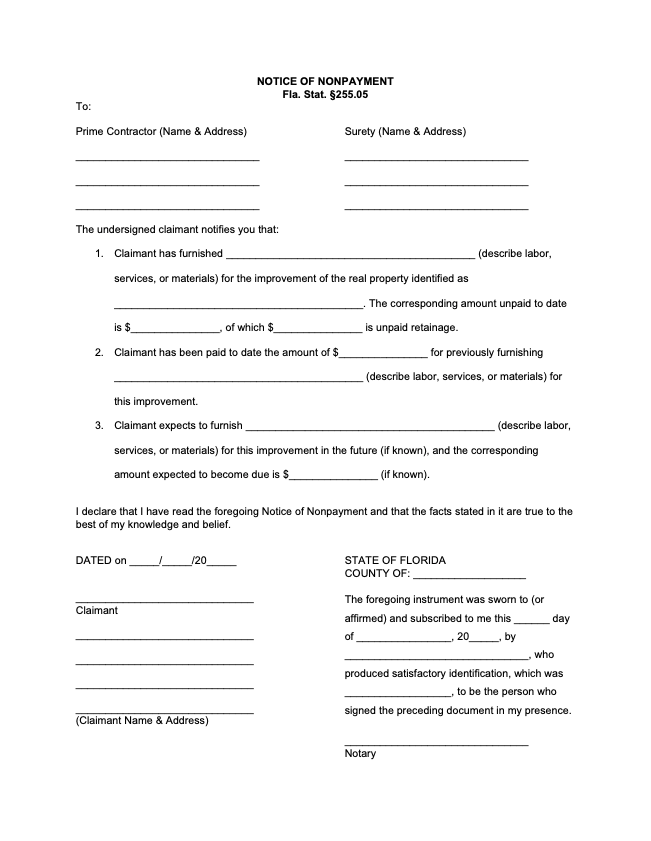 Florida Notice of Nonpayment Form (Public Bond Claim) | Free Template Download