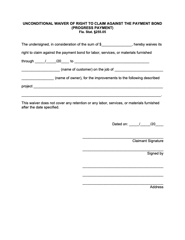 Florida Unconditional Bond Waiver for Progress Payment - form preview