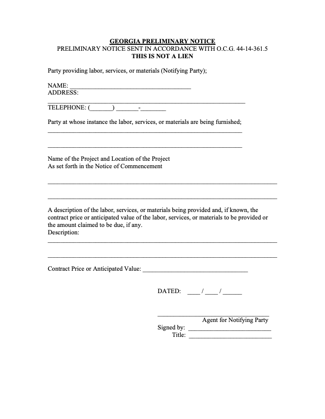 Georgia Notice to Contractor - Preliminary Notice form preview
