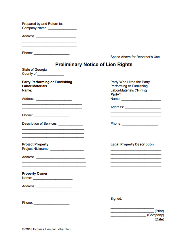 Georgia Preliminary Notice of Lien Rights - form preview