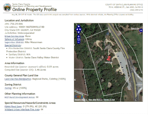 This is an image from the Santa Clara county online GIS map showing the parcel ID of a property (the address has been covered by the author)
