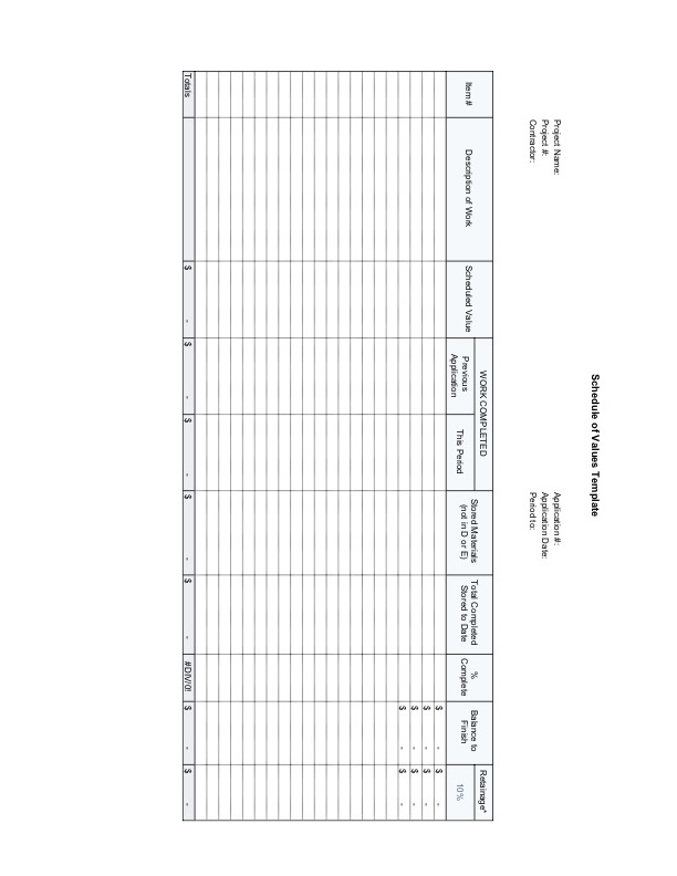 Screenshot of the Schedule of Values template in Excel