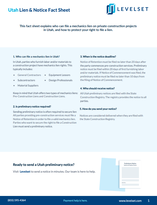 Utah Mechanics Lien and Notice Fact Sheet Levelset