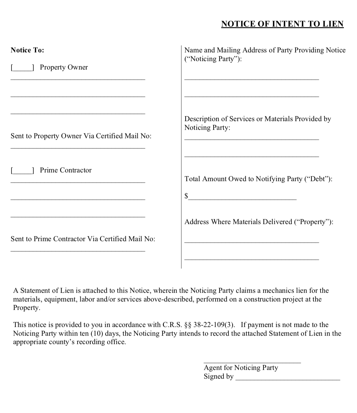 Printable Intent To Lien Form Printable World Holiday