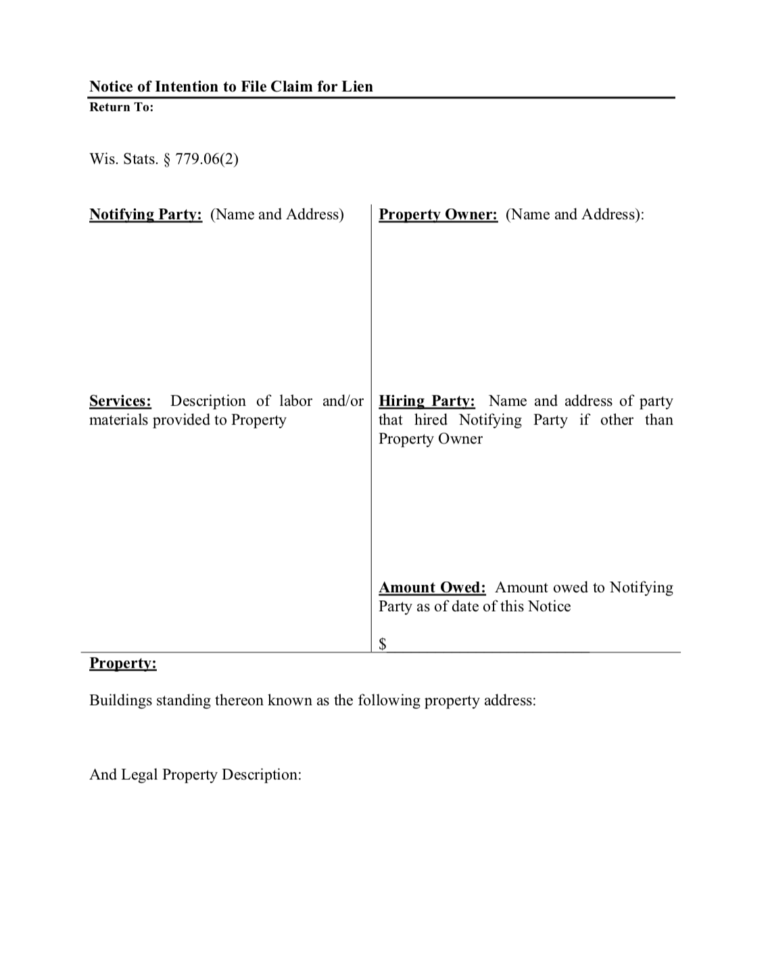 Wisconsin Notice of Intent to Lien Form Free Downloadable Template