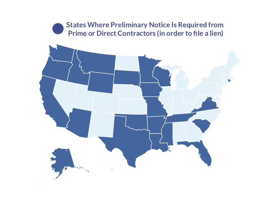 States where prime contractors must send preliminary notice