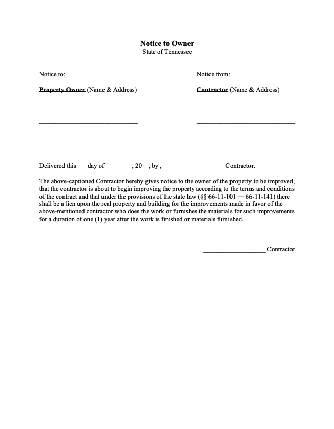 Tennessee Notice to Owner form preview