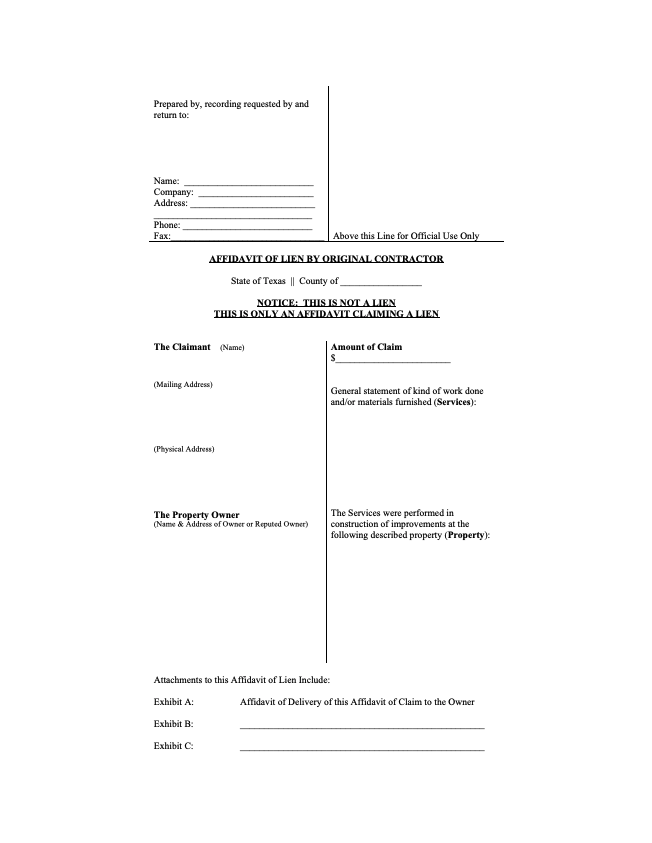 Texas Affidavit of Lien by Original Contractor Form thumbnail