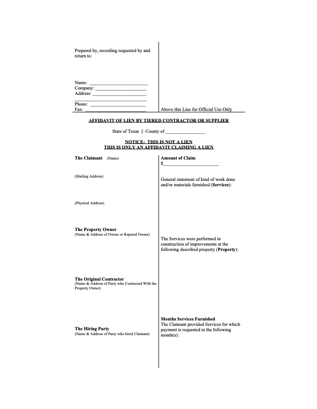Texas Affidavit of Lien form for Subcontractors & Suppliers thumbnail