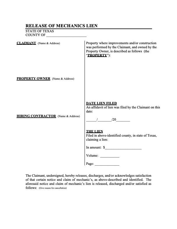 Texas Release of Mechanics Lien - form preview