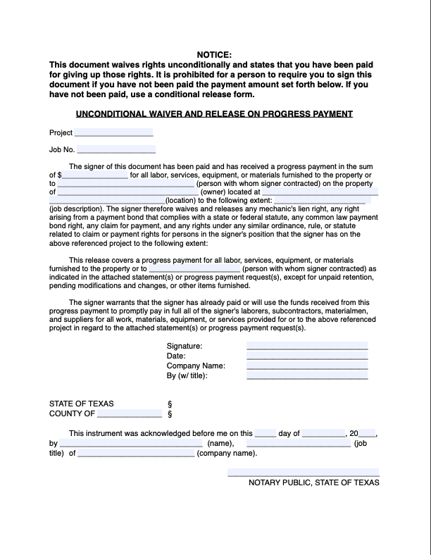 Texas Unconditional Waiver and Release on Progress Payment - form preview