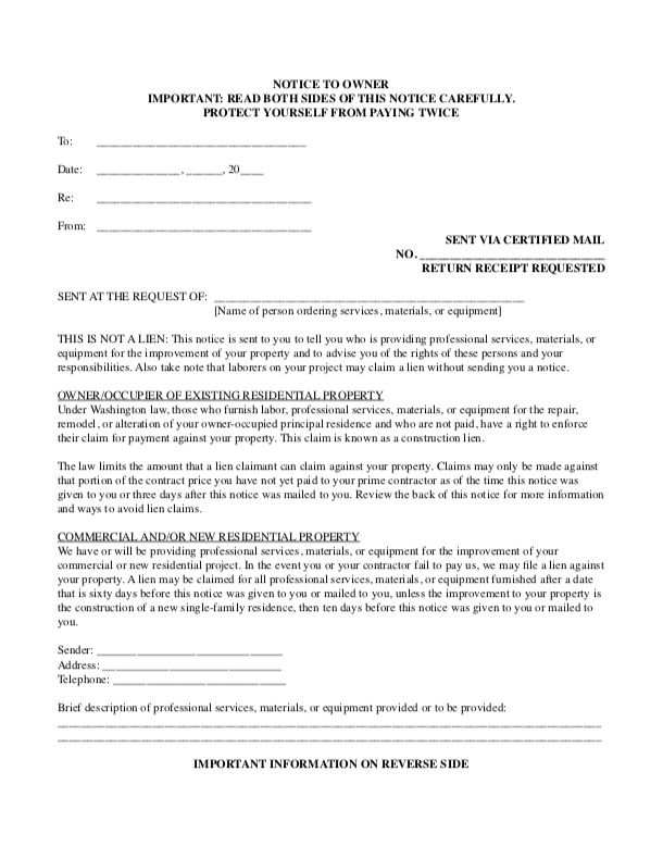 Washington Notice to Owner form preview