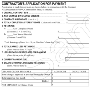Screenshot of the second section of AIA G702 - Contractor's Application for Payment
