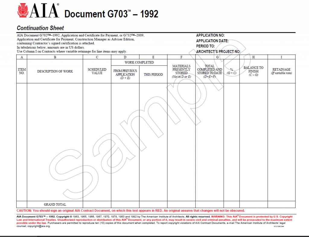 Screencaptured sample of AIA G703-1992 Continuation Sheet