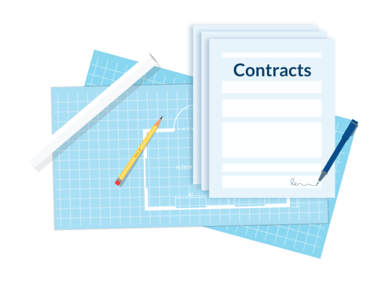 Construction contracts - illustration of contract documents with blueprints