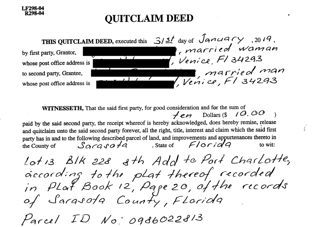 Quitclaim Deed showing the property's actual location in Sarasota County, not Charlotte County.