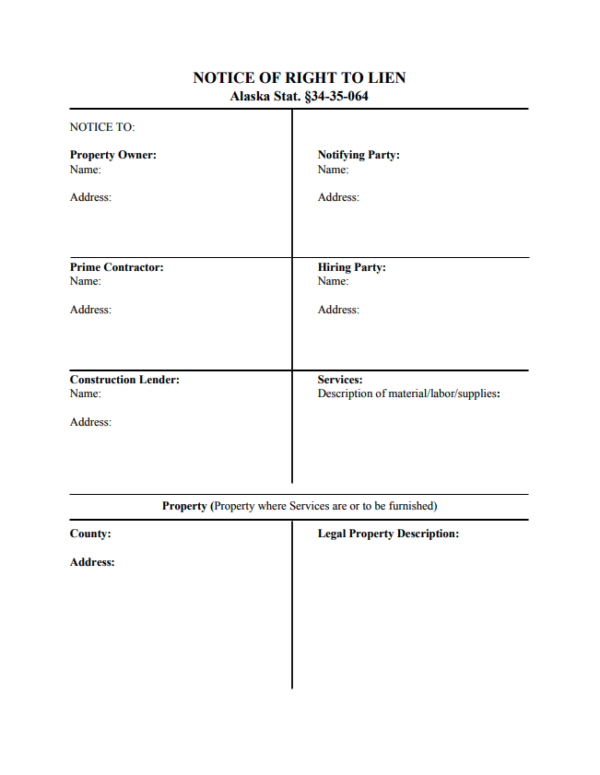 Alaska Notice of Right to Lien Form Levelset