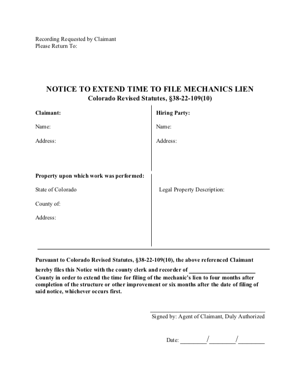 Colorado Notice to Extend Time to File Mechanics Lien - thumbnail