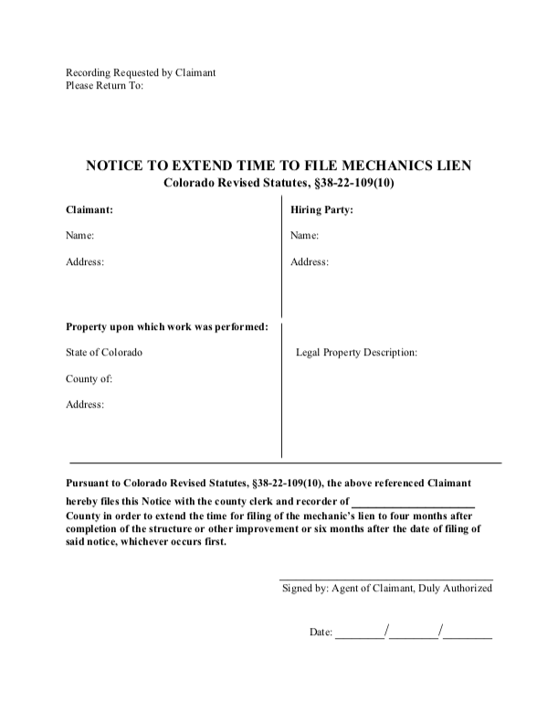 Colorado Notice To Extend Time To File Mechanics Lien Levelset