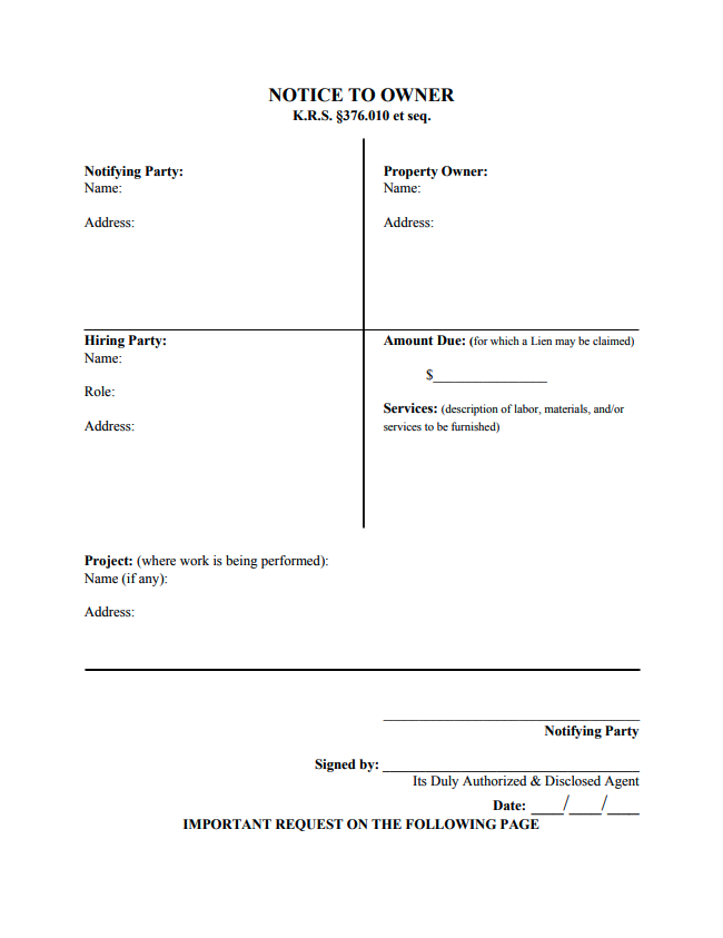 Kentucky Notice to Owner form preview