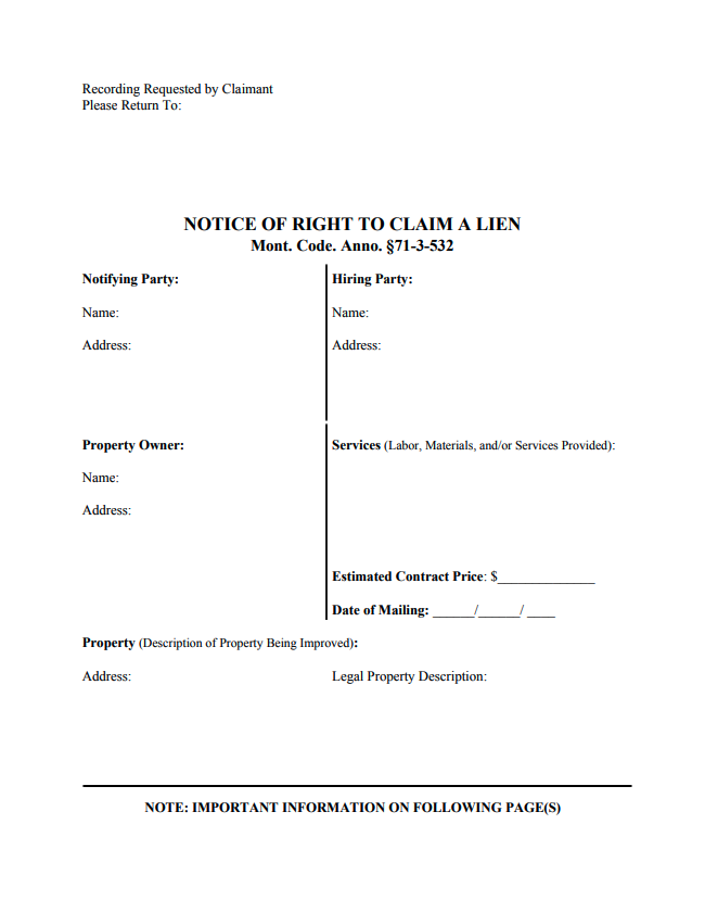 Montana Notice of Right to Claim Lien form preview