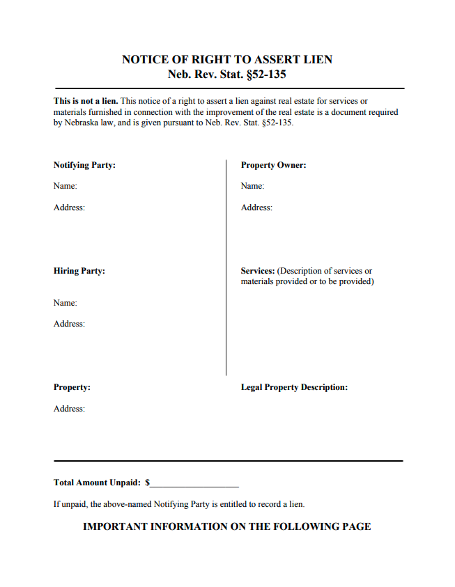 Nebraska Notice of Right to Assert Lien - form preview