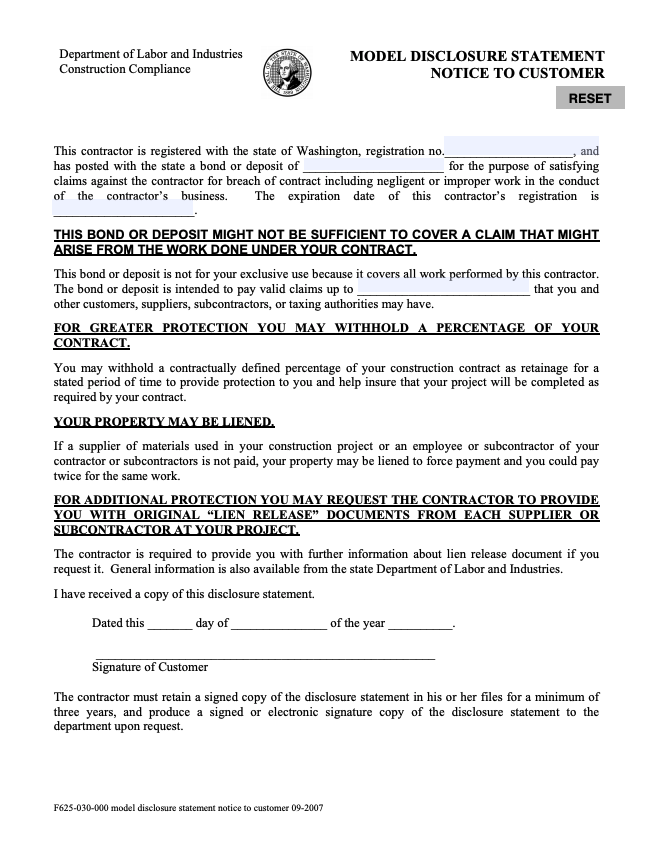 Washington Model Disclosure Statement Form (Notice to Customer) preview