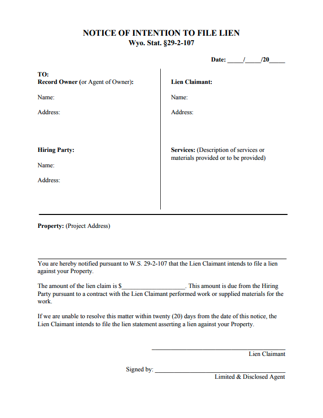 Wyoming Notice of Intent to Lien form preview