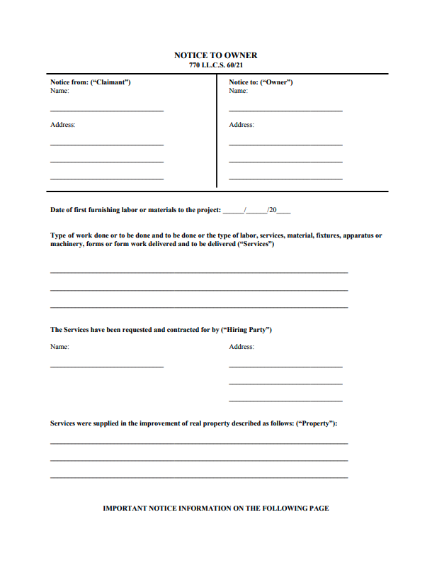Illinois Notice to Owner Form preview
