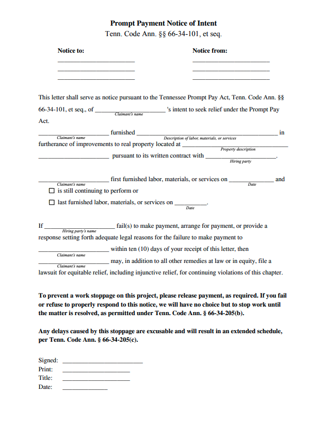 Tennessee Prompt Payment Notice of Intent form preview