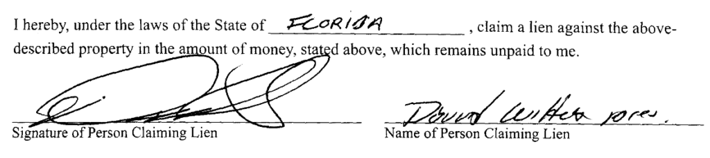 Signature block of lien claim