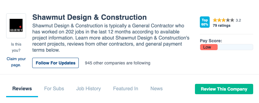 Shawmut Design & Construction - payment profile