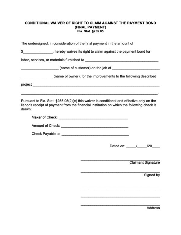 Florida Final Conditional Bond Waiver Form Free Template Download