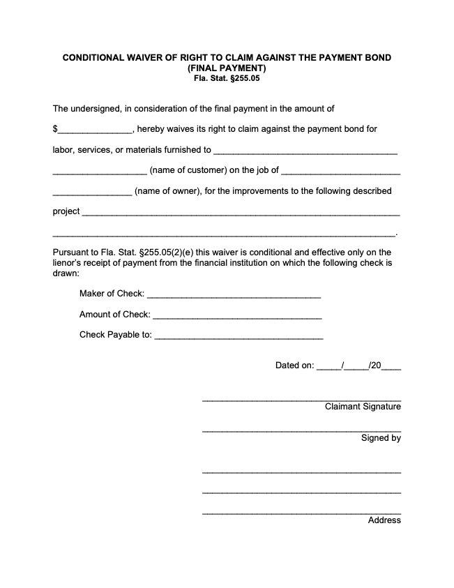 Florida Final Conditional Bond Waiver form preview