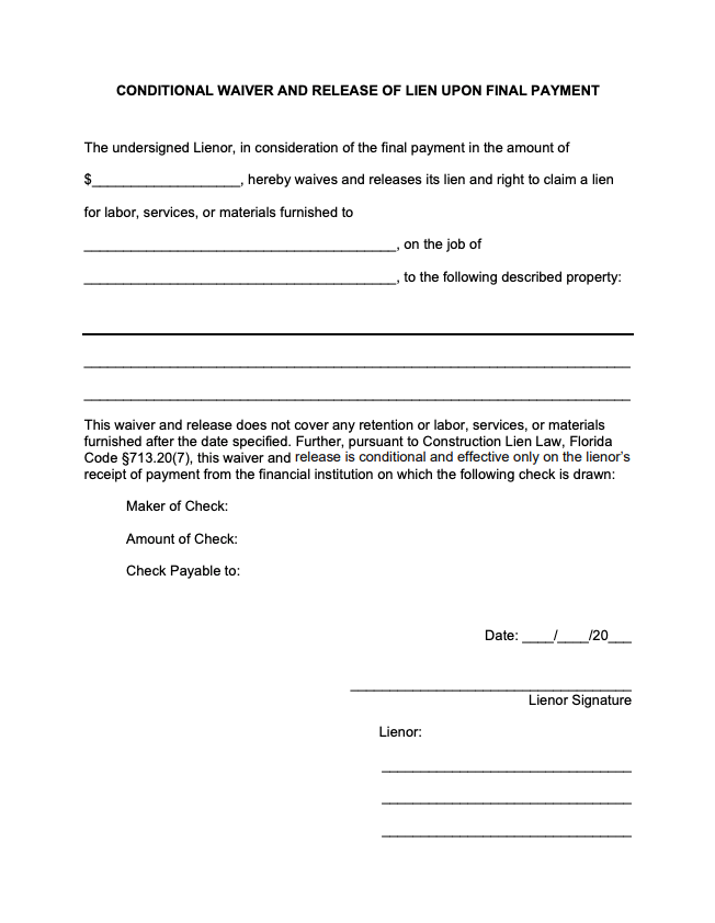 Florida Final Conditional Lien Waiver - form preview