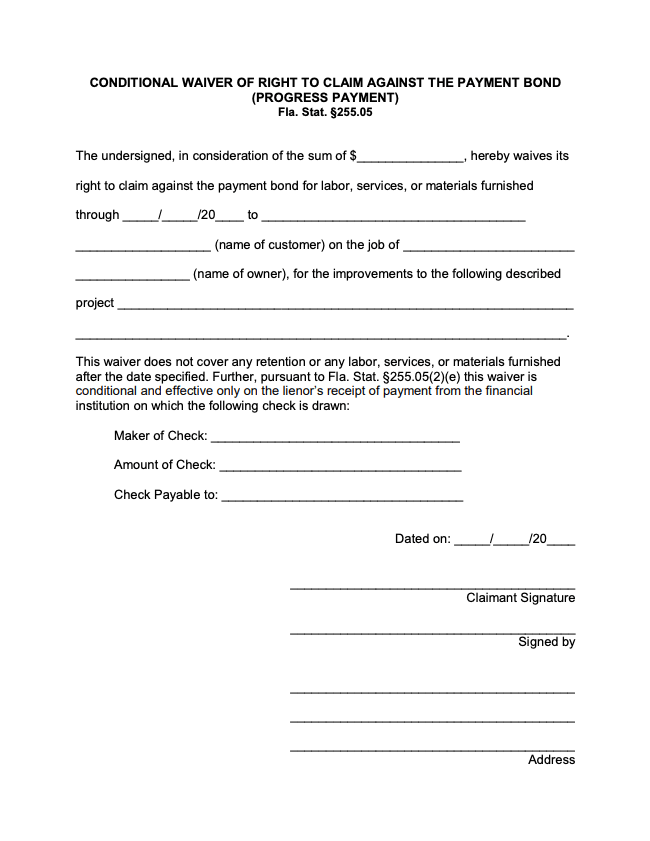 Florida Partial Conditional Bond Waiver - form preview