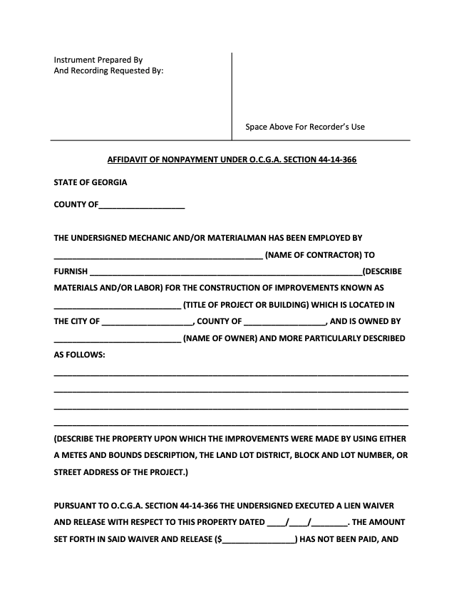 Georgia Affidavit of Non-Payment form preview