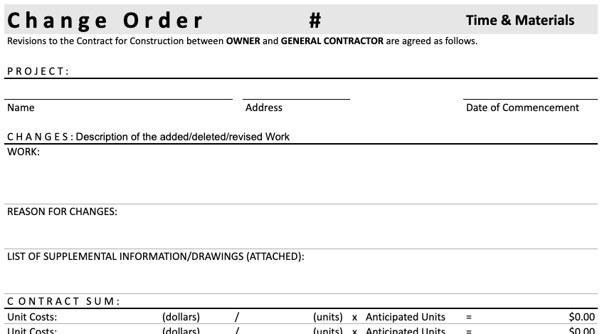 Change order template T&M general contractor preview