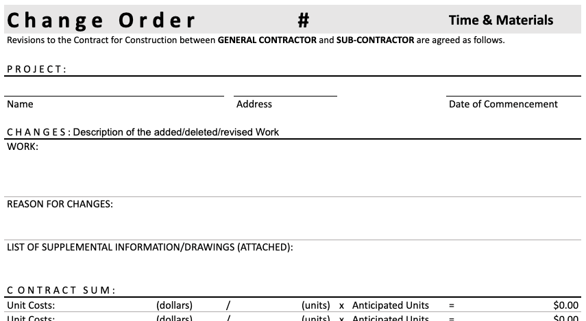 Change order template - Subcontractor T&M preview