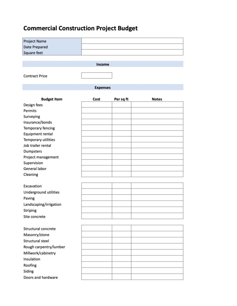 First page of commercial project budget template