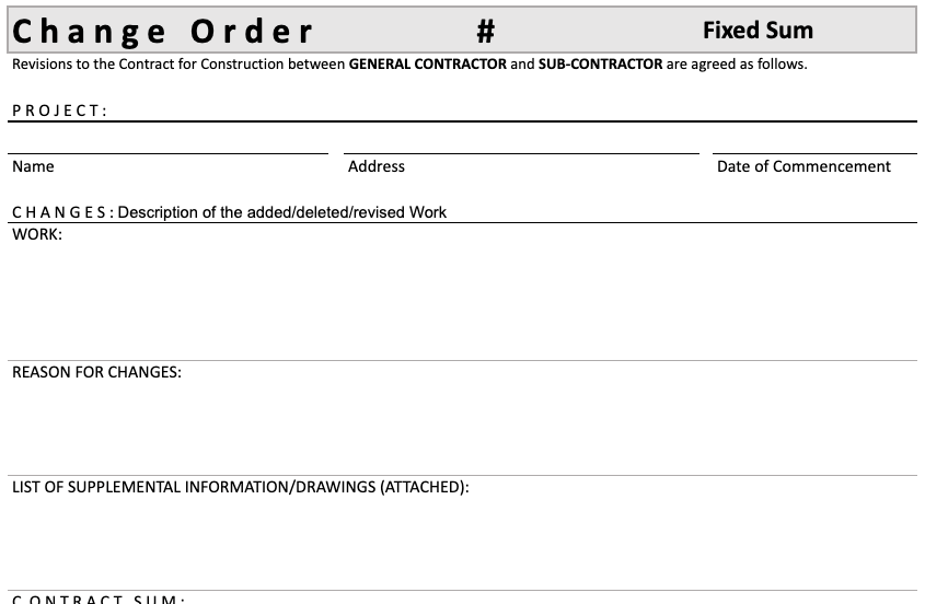 Preview of Fixed Sum Change Order Template for Subcontractors