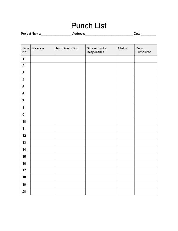 Simple Punch List Template